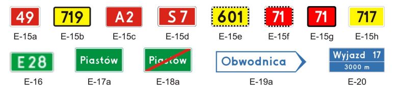 Znaki drogowe E-15a, E-15c i E-15d służące do oznaczania dróg krajowych, autostrad i dróg ekspresowych (źródło: Rozporządzenie w sprawie znaków i sygnałów drogowych, Dz.U. z 2019 r. poz. 2310)